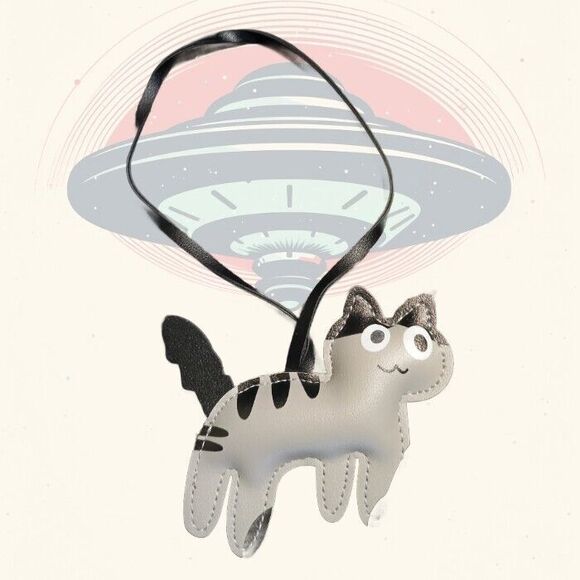 Pleather Gray Black Striped CAT Keyring Keychain Key Ring KITTY - Picture 1 of 6